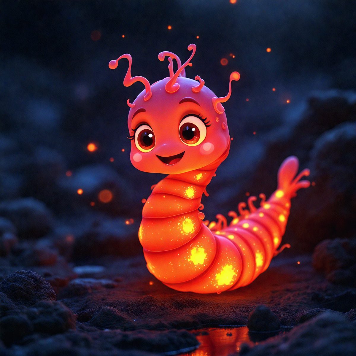 The primary subject of the image is a cartoon-like, glowing caterpillar with a big head and a long body. The caterpillar is standing on a rocky surface, which serves as the setting for the scene. The visual style of the image is a combination of photo and digital art, creating a unique and eye-catching appearance. The dominant colors in the image are orange and pink, giving the caterpillar a warm and friendly appearance. The overall atmosphere of the image is